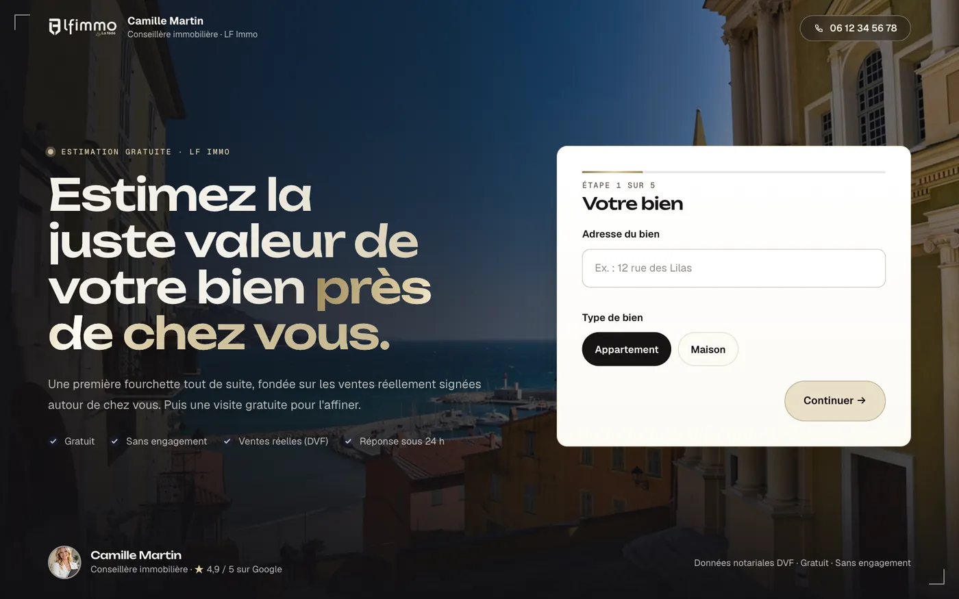 Page d'estimation LF Immo, présentation Cinéma.