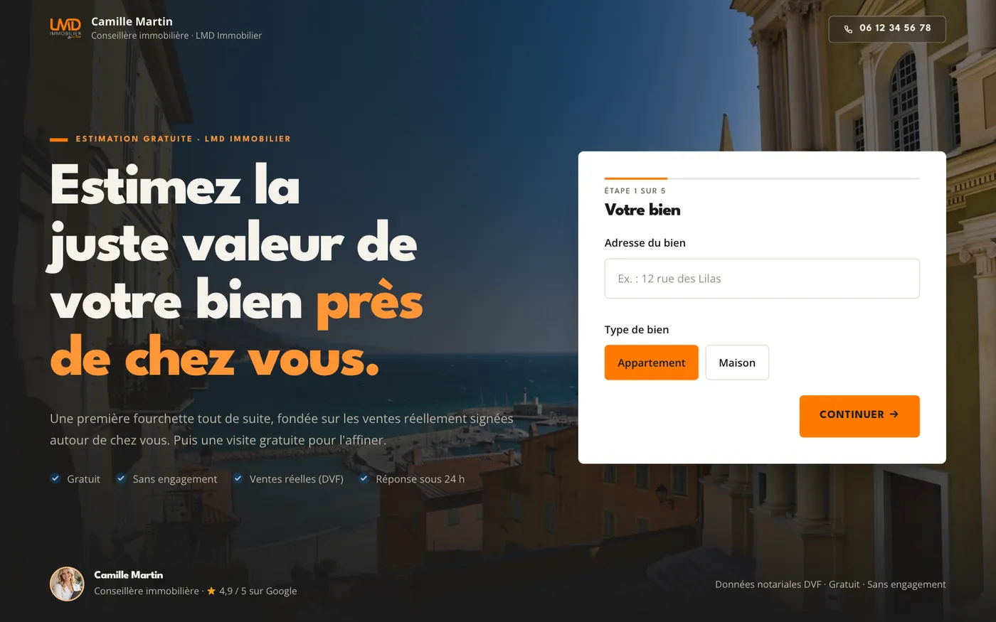 Page d’estimation LMD Immobilier, présentation Cinéma.