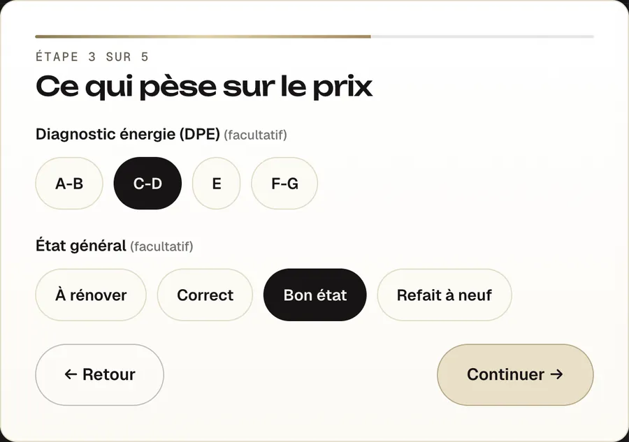 Écran « Ce qui pèse sur le prix ».