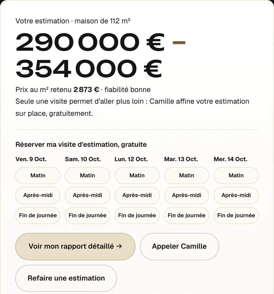 Résultat : fourchette, prix au m², créneaux de visite.
