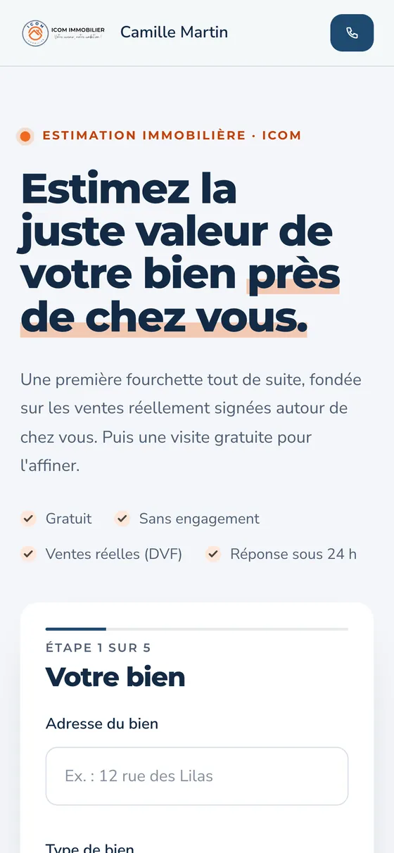 Page d’estimation iCOM sur téléphone.